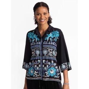 Johnny Was Embroidered Kimono Sleeve Boho Top Black Blue Floral Bird Blouse Sz S